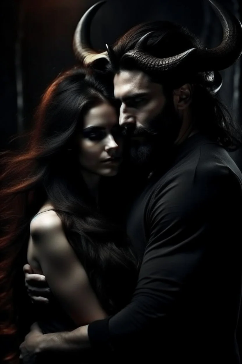 Beard, dark hair, demon prince, horns, handsome, mysterious, gentle, embracing a beautiful woman with long dark hair