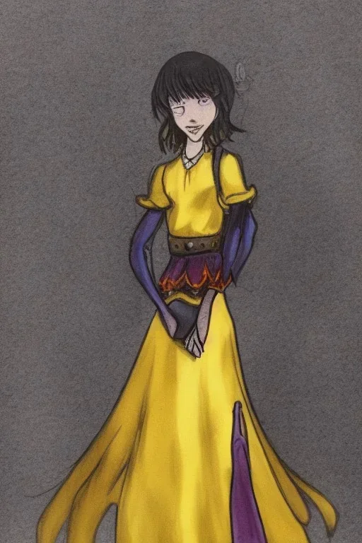 Portrait lady, full body shot, full-color medium shot YellowDarkAcademia