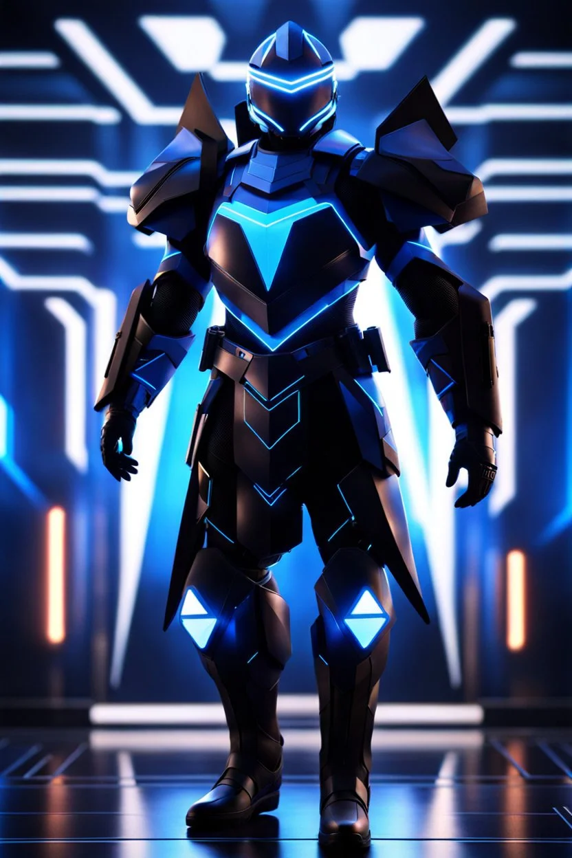 neon blue, floating parts of armor in form of light triangle orbiting behind the back, cyber armor, geometric patterns on armor, male, orbiting triangle