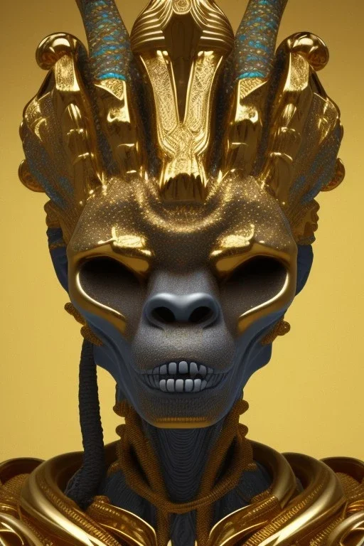 black male African Egyptian alien, cracks in the voodoo head, wicked, eyes, crown, Elephant, 8k, finely detailed, photo realistic, tiger turquoise skull head gold dragon space alien snow skeleton gold gorilla silver crown silver eyes