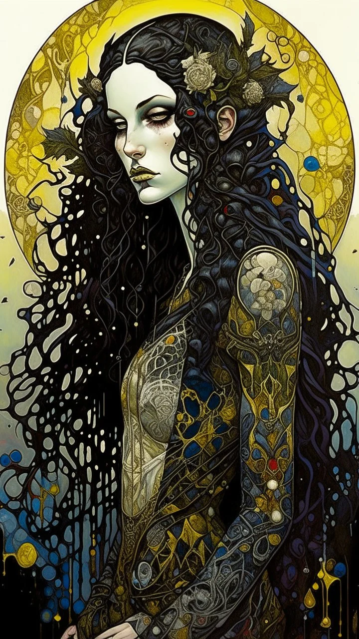 highly detailed, full body ink oil painting, petite goth girl with long dark braided hair, sharply defined angular facial features, anatomic perfection, by Andrea Kowch> <Yoji Shinkawa><Gustav Klimt> <Jean-Giraud Moebius, saturated vibrant natural color tones, precisely drawn and inked, 8k resolution