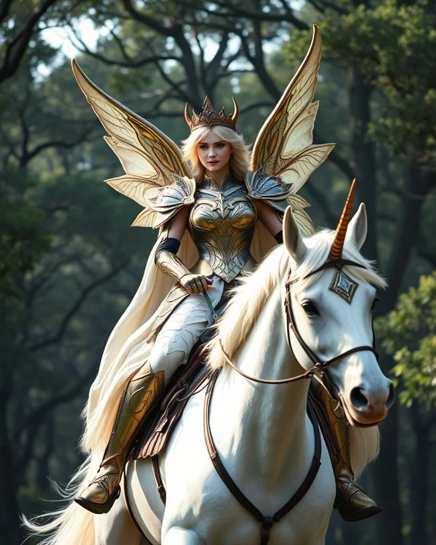 Beautiful Queen Elf Fairy wings adorned luxurious armor,she on riding white unicorn horse,beautiful forest giant trees oaks background