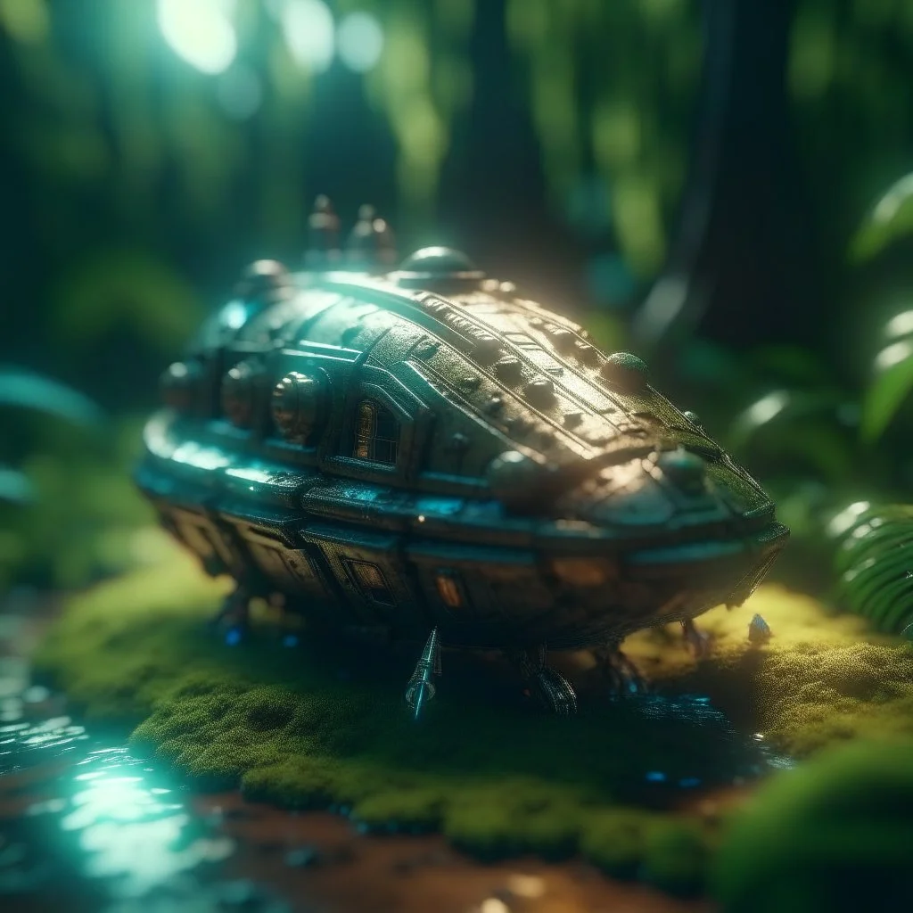 steamy shiny metallic spaceship warped vacuum cleaner with crew crash landing in jungle village bokeh like f/0.8, tilt-shift lens 8k, high detail, smooth render, down-light, unreal engine, prize winning