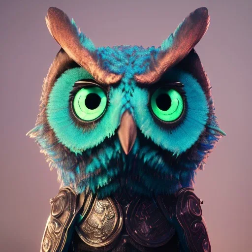 Anthropomorphic blue owl, big green eyes, lots of details, portrait, finely detailed armor, cinematic lighting, intricate filigree metal design, 8k, unreal engine, octane render, realistic, redshift render