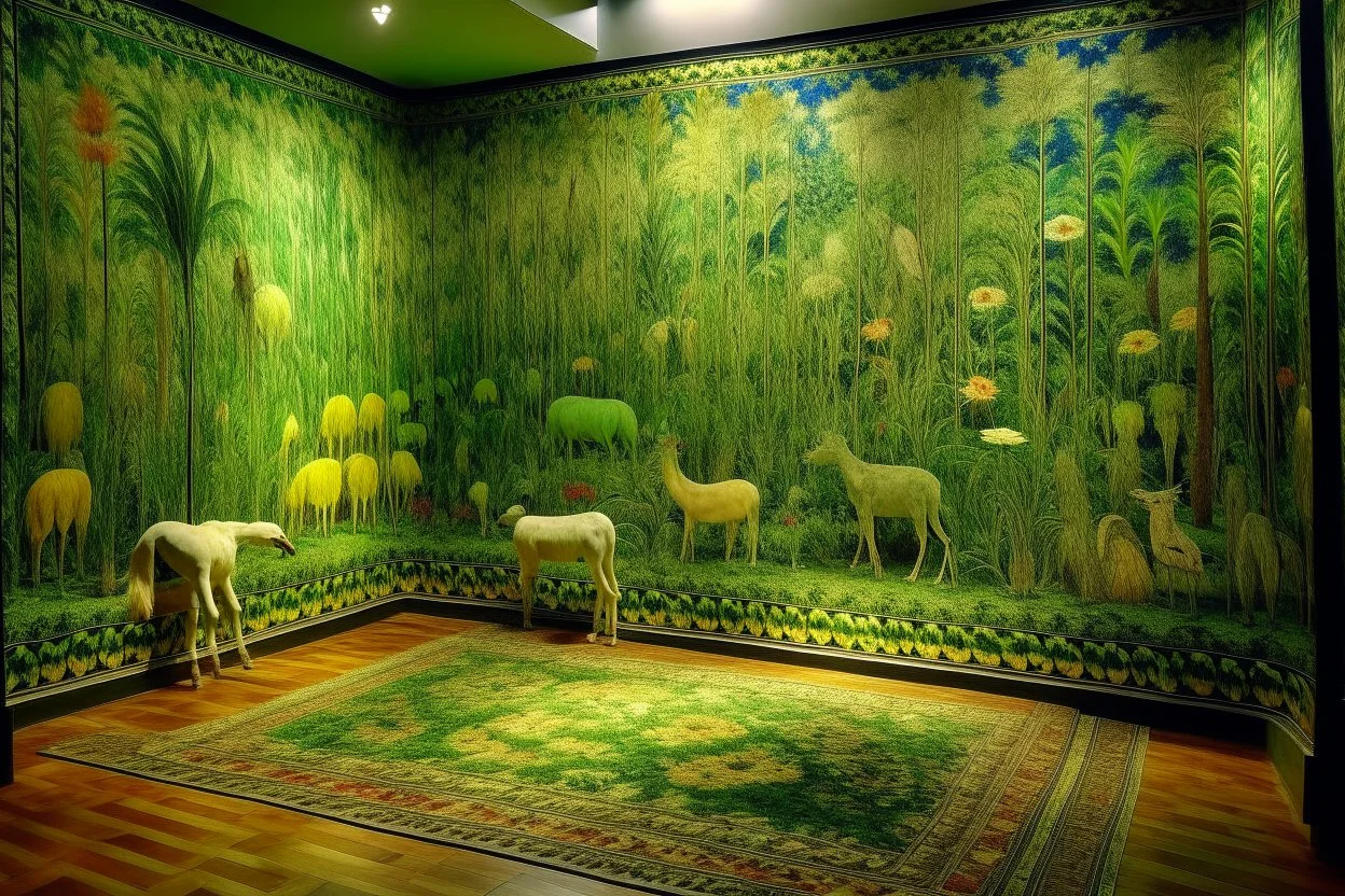 A spring green kingdom filled with animals designed in Navajo woven art painted by Claude Monet