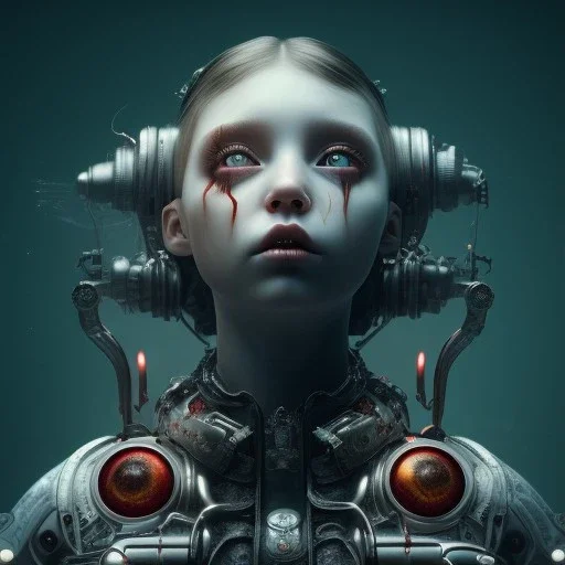 a little girl with a cyborg brain and a lot of red liquid, steam punk, scary, horror, realistic, made in octane, cinematic, ultra-realistic, extremely detailed octane rendering, 8K, VRAY Super Real ar 2:3, dof photorealistic futuristic 50mm lens hard lighting dark gray tintype photograph, realistic lighting, sephia colors