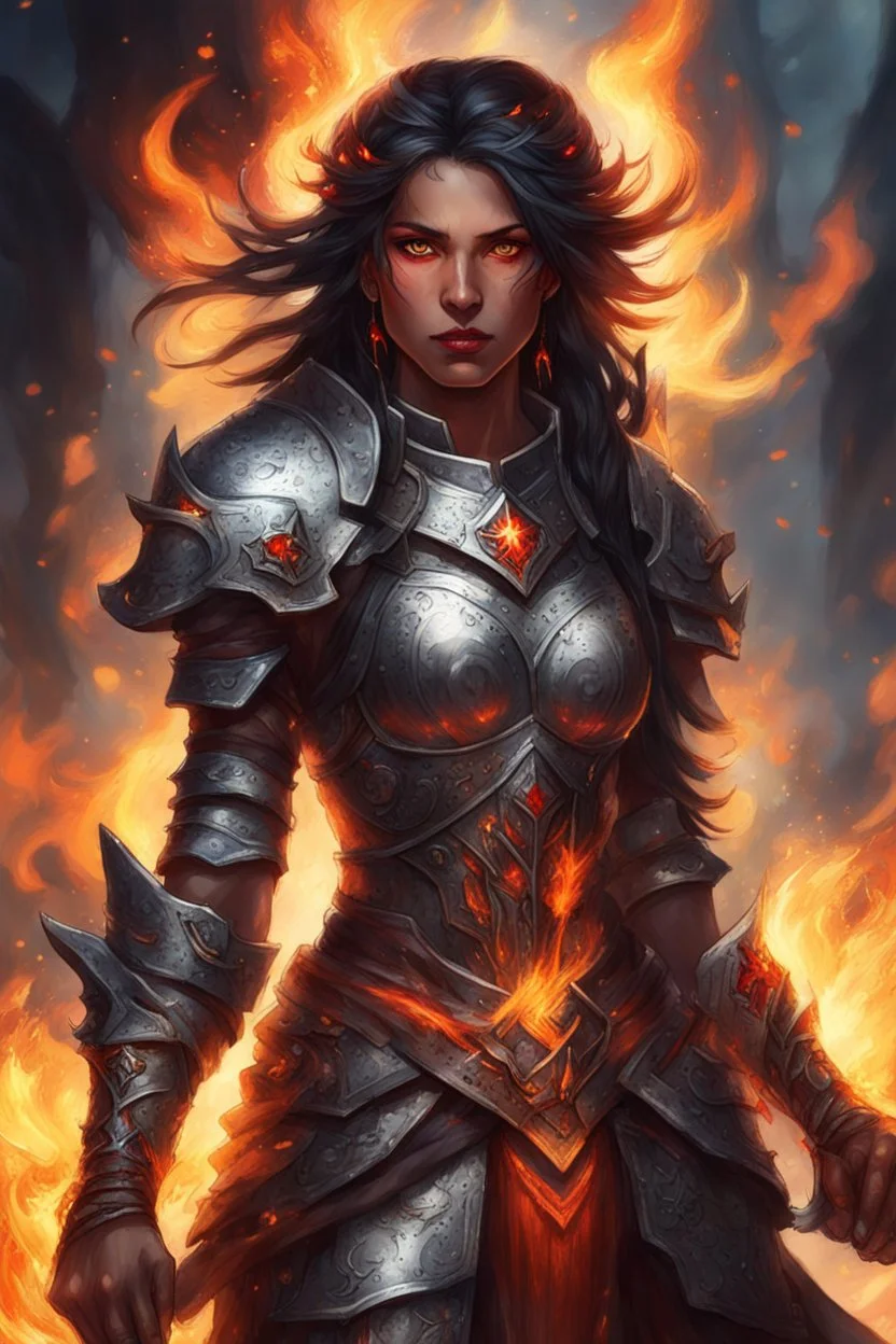 Visualize a commanding female Paladin Druid with bright red eyes effortlessly conjuring flames with her hands. Picture her black, half-braided hair seeming ablaze, surrounded by the glow of magical embers. Clad in lightweight armor, she relies on fire and magic, a scar on her face telling tales of battles on her tanned skin, embodying strength and elemental mastery.