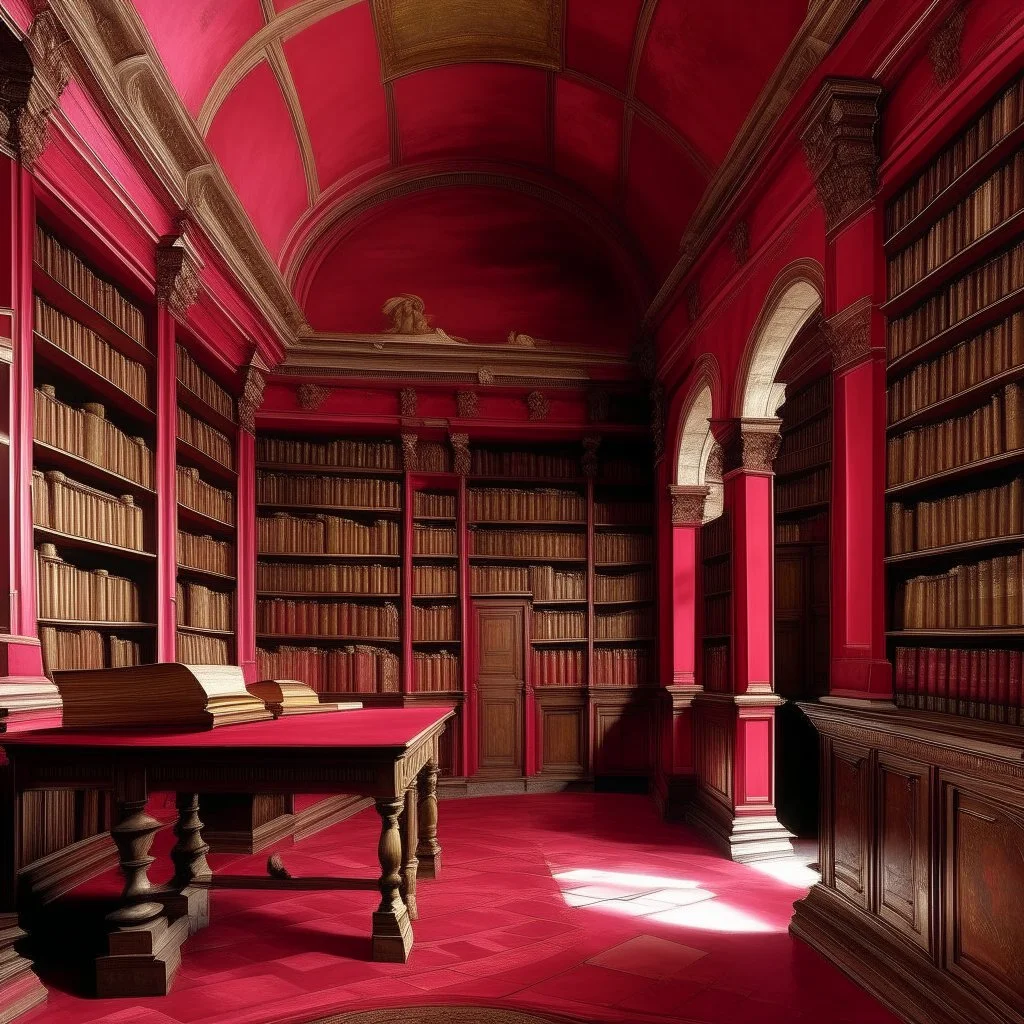 A reddish magenta library in a village painted by Michelangelo di Lodovico Buonarroti Simoni