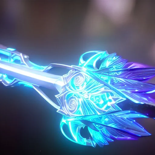 A fantasy zweihander, the blade is made up of glimmering ice, it's hilt is crafted from swirling vines, leading to a vibrant rose crystal at the pommel, with a black background behind it.