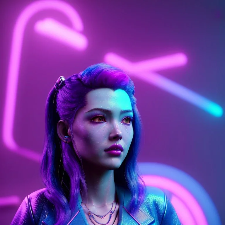 Pretty cyber woman, blue hair, sci-fi, sweet face, black, natural, pink, geisha style, symmetric plane, neon style, a lot of led lights, fog, rain, leather coat, vibrant color, highly detailed, art stations, concept art, smooth, unreal engine 5, god rays, ray tracing, RTX, lumen lighting, ultra detail, volumetric lighting, 3d, finely drawn, high definition, high resolution.