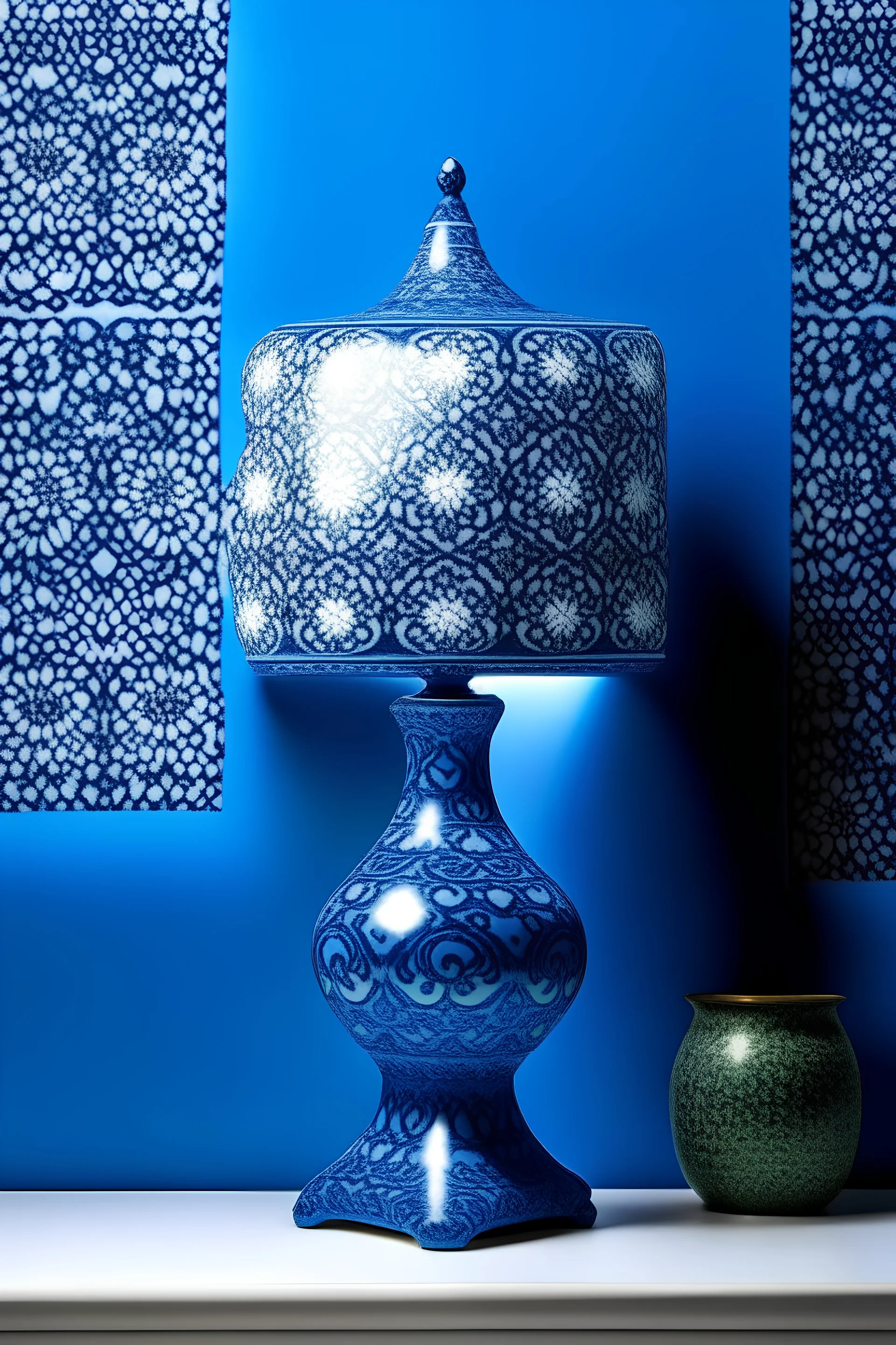 Portuguese tiles pattern ceramic vase with a blue big lampshade on a blue background