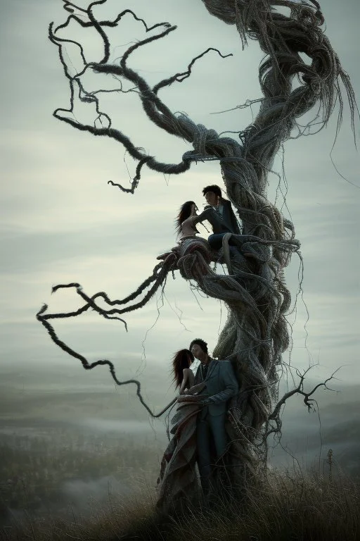 Multiple entanglements between a twisted thin piece of cloth as part of many twisted and spiraling branches disappearing into the distant mist, epic photo, 2 beautiful lovers are embracing, stunning tattoos that intwine with eachothers tattoos,sharp on highly detailed skin with wrinkles and high contrast, photorealistic, explosion of extacy,4K, 3D, realism, hyperrealism, detail, good lighting, detailed texture, modern photography style, 3D, 4D, 4K