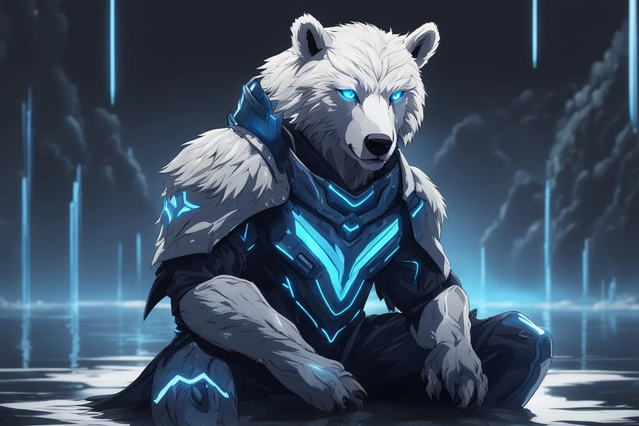 white bear in 8k solo leveling shadow artstyle, blue ice and thunder them, neon effect, blue thunder, full body, apocalypse, intricate details, highly detailed, high details, detailed portrait, masterpiece,ultra detailed, ultra quality