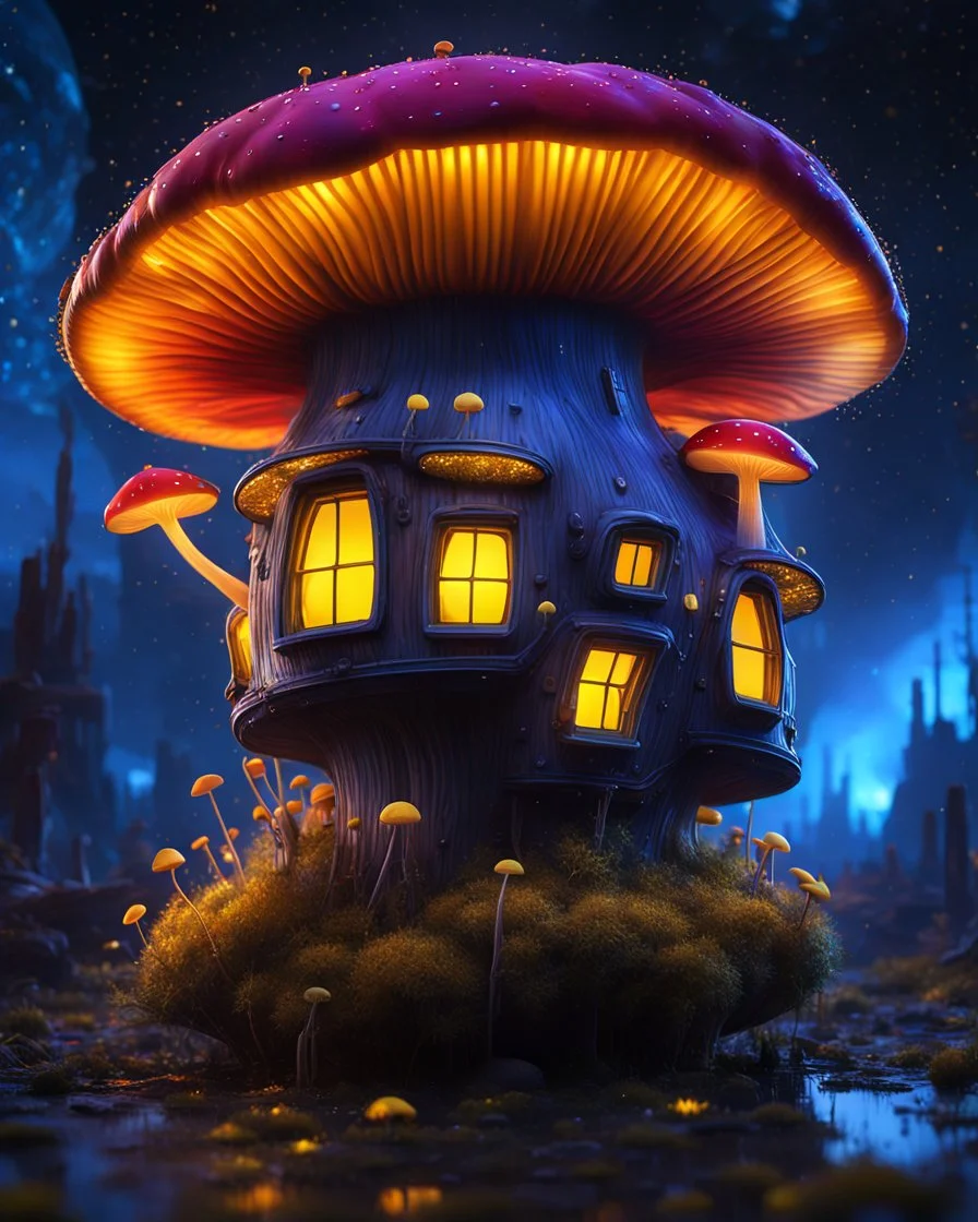 An illogical floating mushroom house on a clear moonless night. . Bright Bold Bright Colors, yellow blue white, Starry Dark cosmic interstellar. Detailed Matte Painting, deep color, fantastical, intricate detail, splash screen, hyperdetailed, insane depth, concept art, 8k resolution, trending on Artstation, Unreal Engine 5, color depth, backlit, splash art, dramatic, High Quality Whimsical Fun Imaginative Bubbly, perfect composition