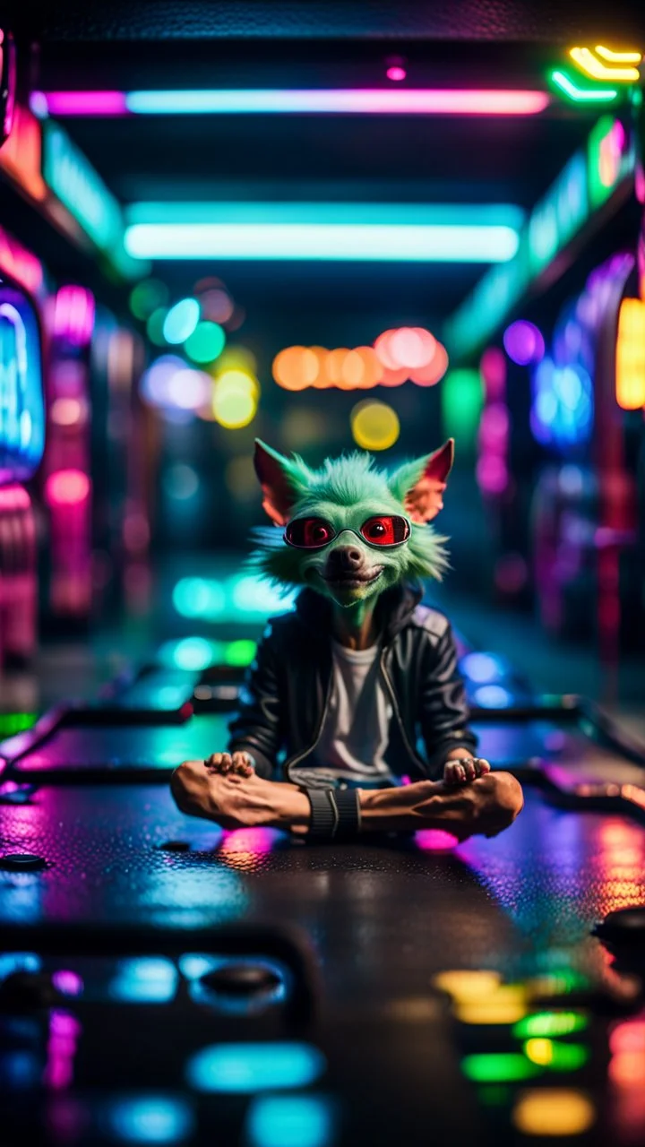 camera angle from feet, portrait of slick lord water wolf Gremlin myth buster pimp ninja yoga cyber punk in flying hipster lawn wrecked car parked in dark neon lit reflective wet arcade hall tunnel,bokeh like f/0.8, tilt-shift lens 8k, high detail, smooth render, down-light, unreal engine, prize winning