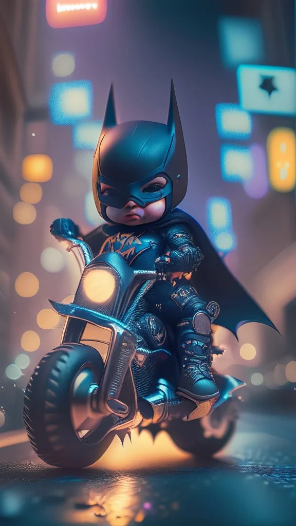 A Sharp Kawaii tiny hyper realistic baby batman riding mini harley davidson, wearing bikers clothes with freestyle action, night of cyberpunk city background. wide angle full body, 8k, Cinematography, photorealistic,epic composition Unreal Engine,Cinematic, Color Grading, Portrait Photography,Ultra-Wide Angle, Depth of Field, hyper detailed