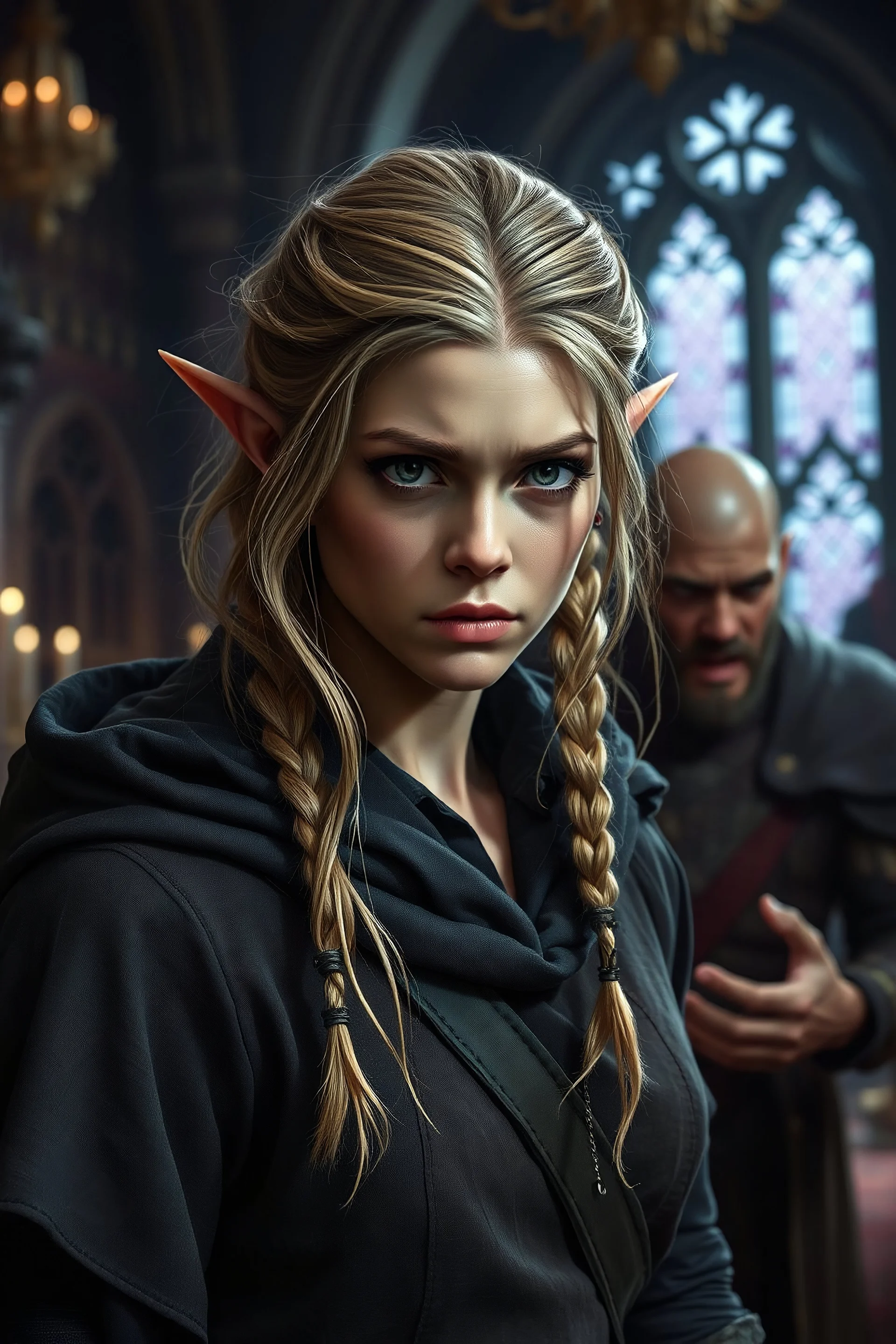 create a create a female half-elf, medium dark blond hair, loose unkempt braids, dark grey eyes, realistic proportions, wearing a fitted hooded cloak, dirty, shocked expression being attacked by enraged father older male elf in a castle courtroom