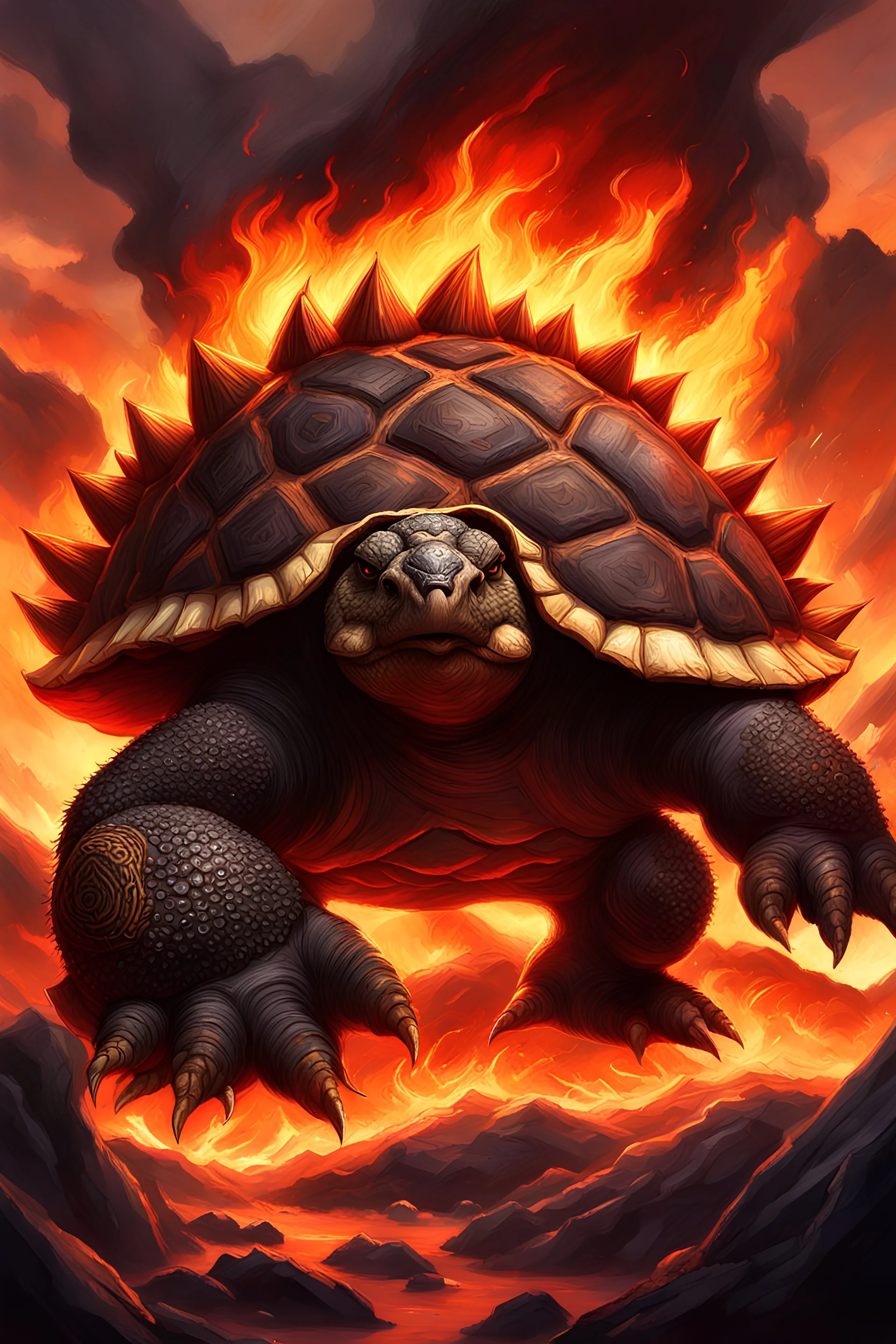 Fantasy art, gargantuan volcano tortoise god, entity of fire, spiky & rocky shell, black skin, intimidating presence, breathing fire, in the style of World of Warcraft