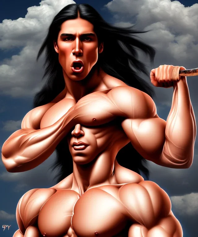 native american warrior, long black hair, big muscles, face up, mouth wide open, scream face, shirtless, looking to the sky