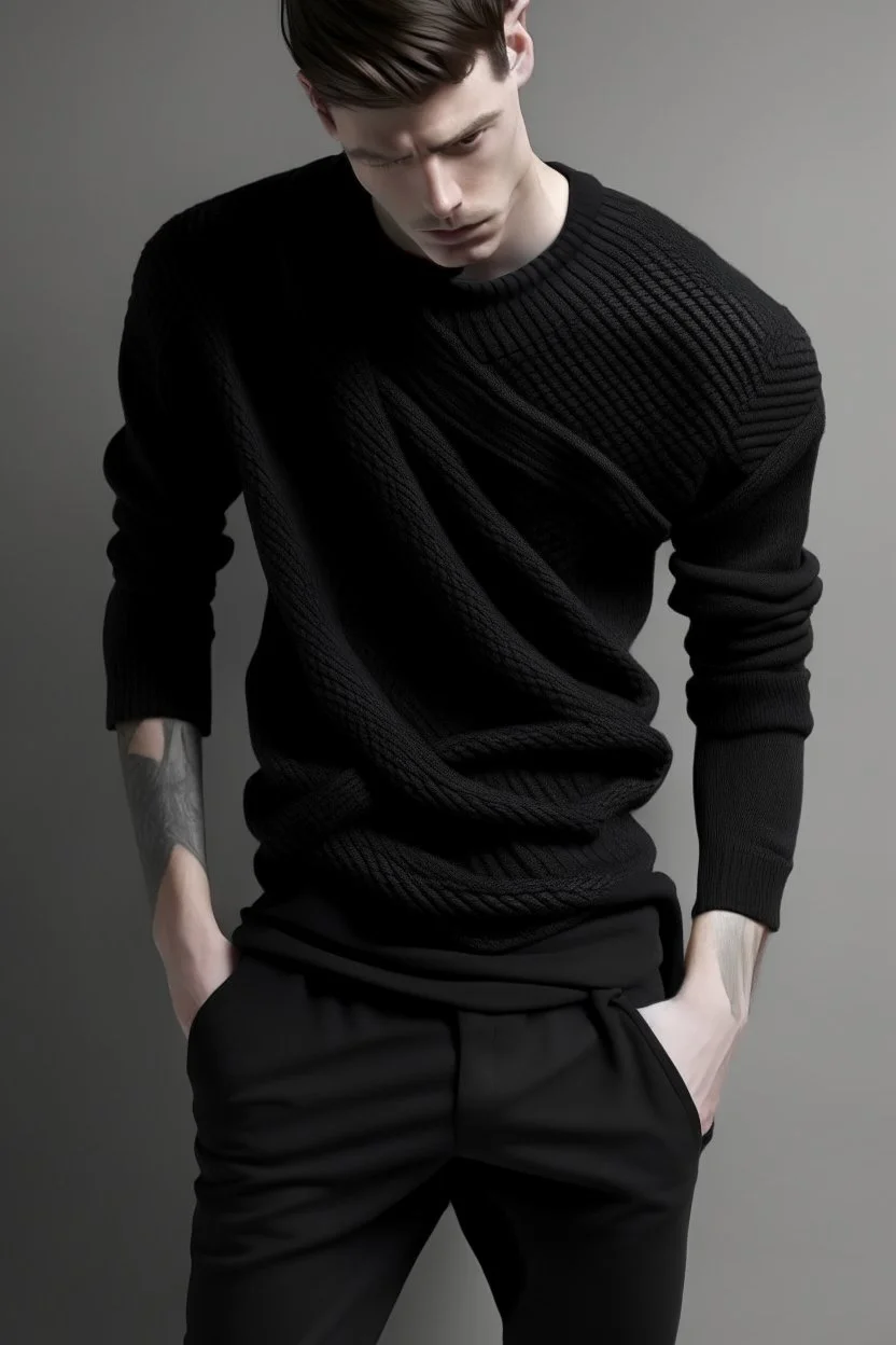 Man's short black wrapped knitted jumper on a white t-shirt