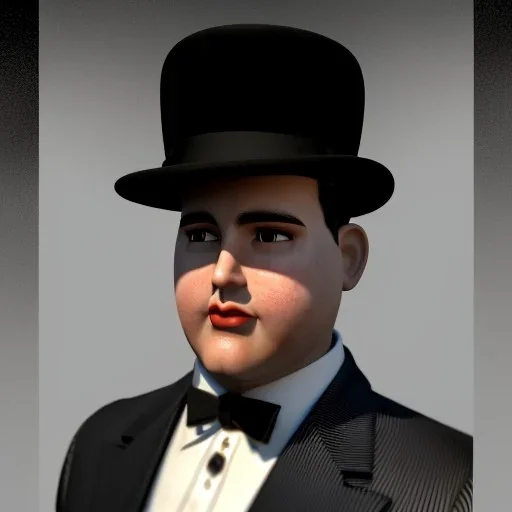 A half body portrait of a 1930s Italian-American businessman in his late 20s with a black bowler hat and a suit. He is obese and has black hair