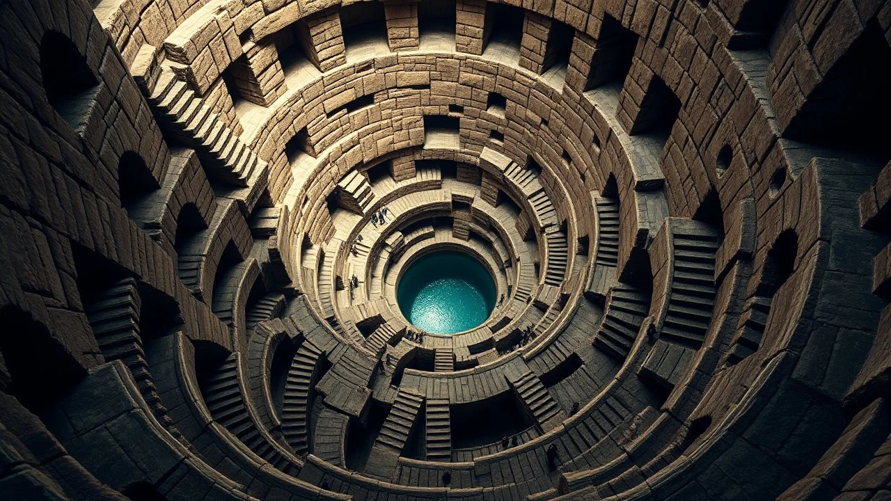 An Escher-esque, impossibly complex architectural descent into a swirling, cavernous void. The scene is dominated by spiraling staircases made of rough-hewn, ancient stone, interspersed with countless circular openings that lead to unseen depths. The color palette is a desaturated, earthy brown for the stone, contrasted with a deep, eerie teal and shadow within the central void. Tiny, silhouetted figures can be seen navigating the treacherous pathways, emphasizing the vast scale of the structure