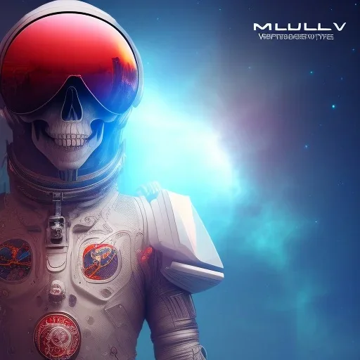 Midjourney style of detailed and intricate skull wearing red sunglasses| wearing cosmonaut suit| portrait and science fiction theme| aurora lighting| nebula and stars| stunning environment| volumetric lighting| vibrant