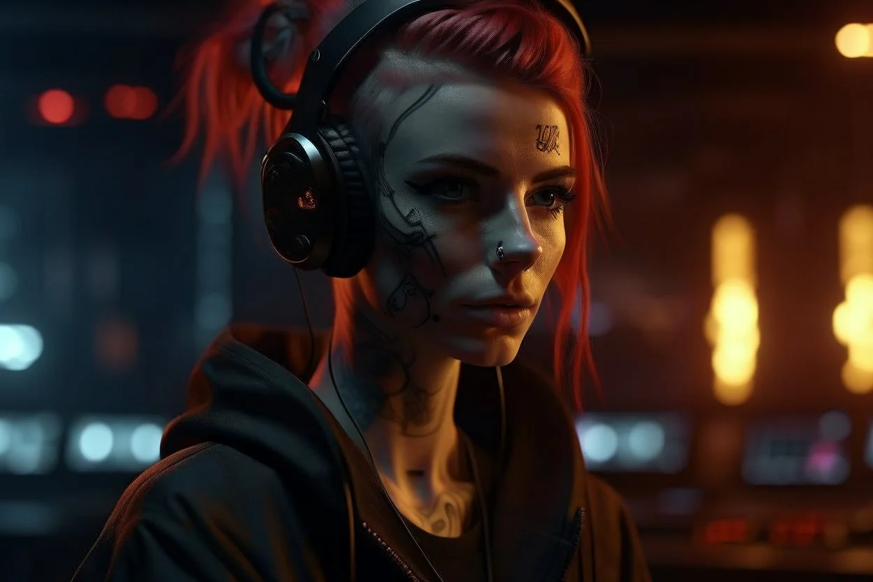 4k full details Portrait animateur radio cyberpunk, incendie en arrière plan