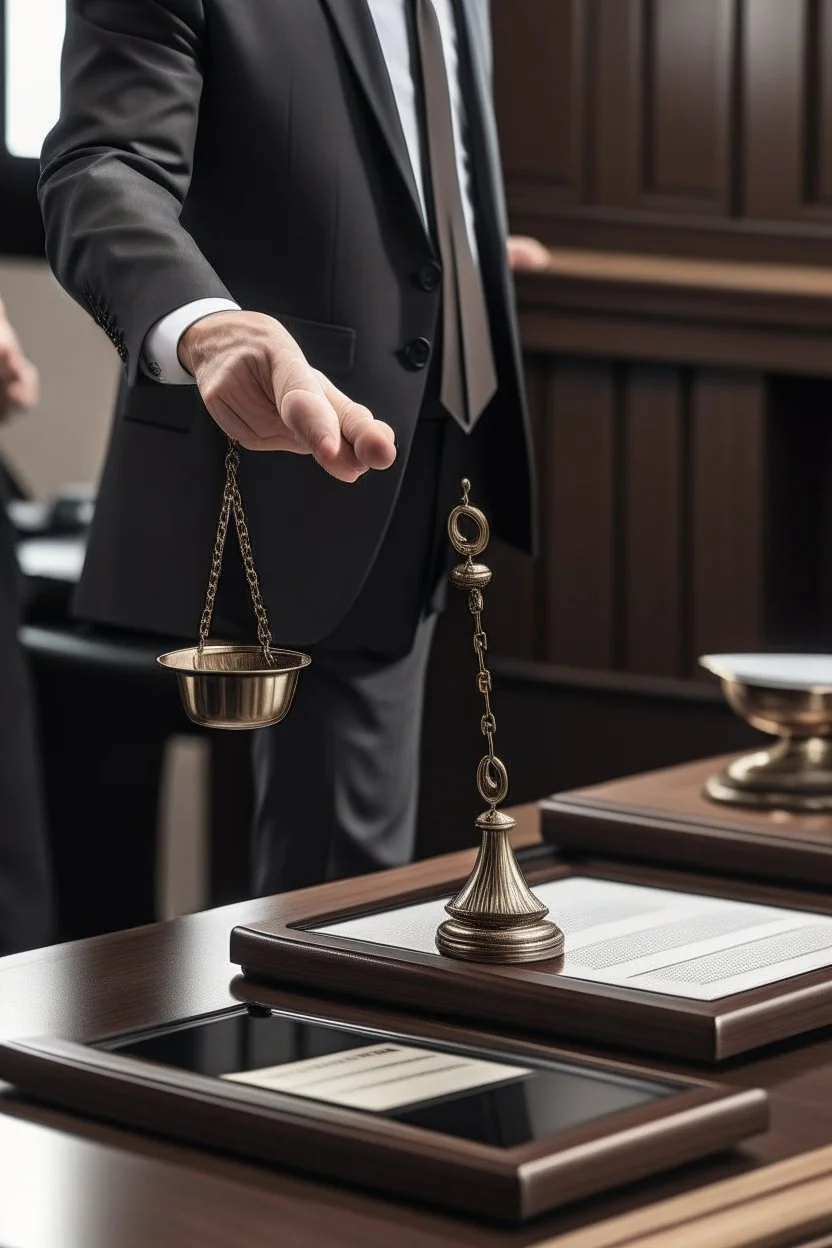 The scales of justice are placed on a desk and a person wearing a formal suit greets a person wearing a formal suit