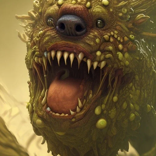 Dog, monster, green, horror, teeth, gore, blood, masterpiece, expert, 8K, hyperrealism, sharp focus, cinematic lighting