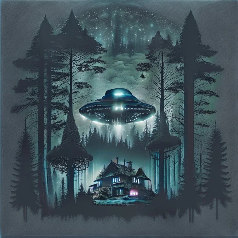 a dark forest with a house in the distance and a ufo in the sky, dark tones