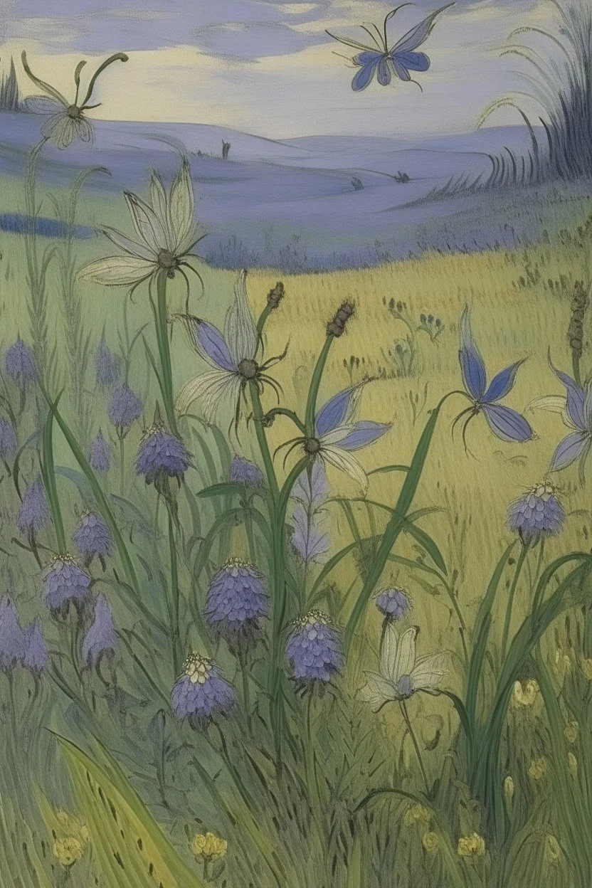 A grayish purple floral grassland with fairies painted by Vincent van Gogh