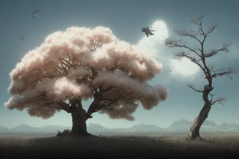 a beautiful digital painting of a marble tree entertwined in tumutluous clouds, intricate white branches and birds flying in the sunlight, blue sky at sunset, elegant, highly detailed, artstation, concept art, matte, sharp focus, art by tom bagshaw, kelogsloops and greg rutkowski