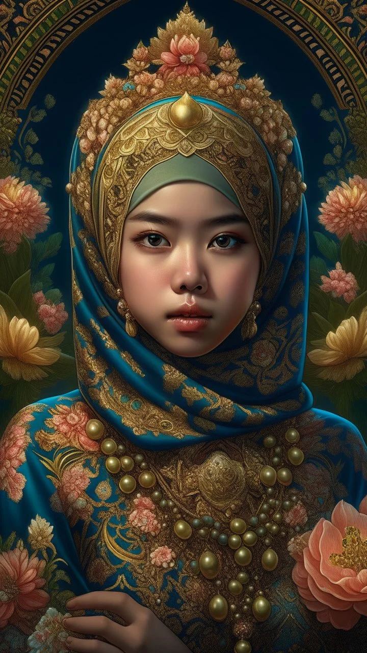 Beautiful face Indonesia hijaber Princess front view portrait, adorned with giant Jasmine, and lily flower ,roses , golden pearls , zafir gemstone headress, wearing floral, lace, pearls, zafirs ornate indonesia costume, organic bio spinal ribbed detail of Indonesia style full jasmin and rose and persian garden background by the moonlight extremely detailed hyperrealistic maximalist portrait art, 8k, UHD