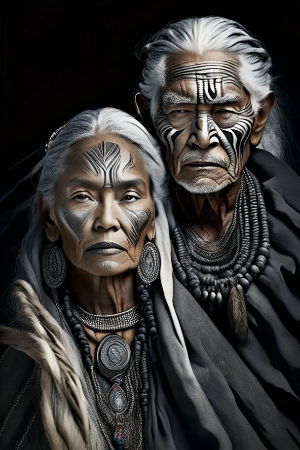 a photo of an Aztec man and woman with ethnic jewelry, grey hair and grey flowing robe, in style of Annie Leibovitz, contemporary portrait of a mature yet beautiful and modernist, black and grey, detailed face, swirling fluid smokey enigma, award-winning artwork