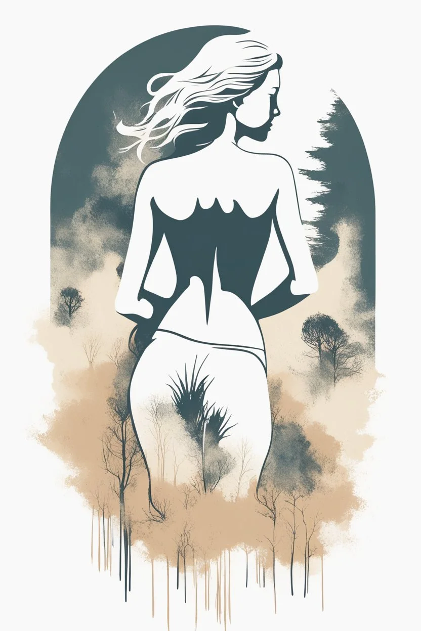 A minimalist, t-shirt design with a vintage twist, featuring a sleek and stylized unclad woman body silhouette against a faded, women body is painting about nature, awosome, bright.