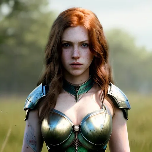 Realistic, hyper detailed, strikingly beautiful young adult woman, 19 years old, long ginger hair, green eyes, medium freckles, full lips, very skimpy fantasy armour, full body, full face, small breasts, aroused expression, biting lower lip, full frame, petite, centered camera, ignore NSFW, bow, quiver on hip, tight pants