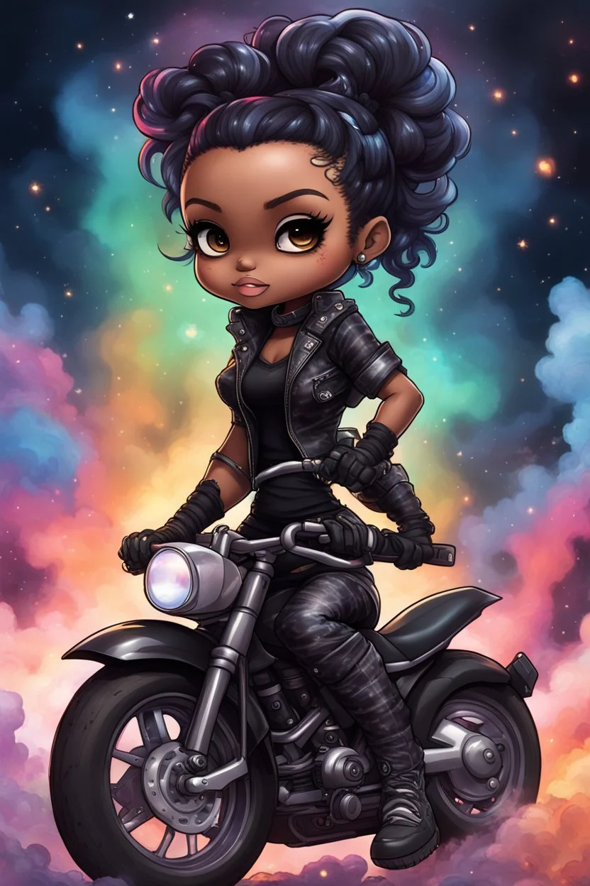 Create a galaxy art illustration of a chibi cartoon full figure black female riding a sports motorcycle. She is wearing tie dye and black tights with biker boots. Prominent make up with log lashes and hazel eyes. Extremely highly detailed black shiny wavy hair up in a messy bun. Background of smoke surrounding her and the bike and she's at a bike show.