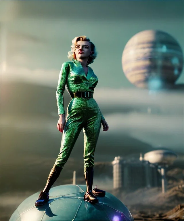 Ultra Realistic retro sci-fi 1960 scene, waist up view portrait, blonde woman, sweet young Marilyn Monroe face, perfect iris, tight latex coat, Strange planet background, Retro sci-fi tight style, sphere dron, fog, rain, soft color, highly detailed, unreal engine 5, ray tracing, RTX, lumen lighting, ultra detail, volumetric lighting, 3d, finely drawn, high definition, high resolution.