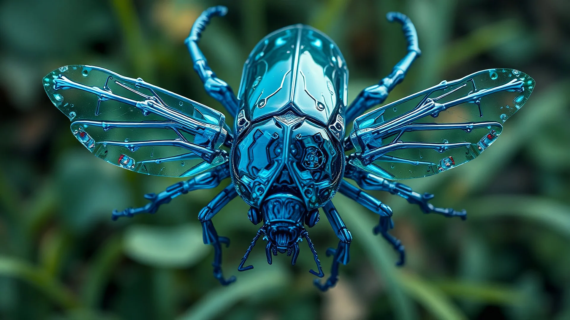 A dynamic aerial view showcasing the fusion of organic and bones elements, depicting a fully blue bones-beetle. Its intricate mechanisms are driven by interlocking blade and complex mechanical blade embedded throughout its glass frame. mist-grass leaf sabana