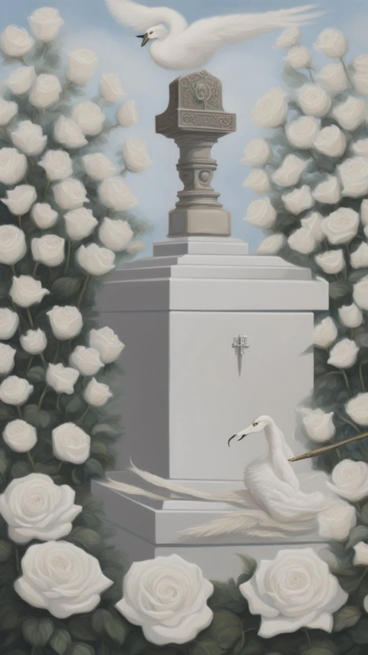 A grave in a field of white roses. Above the grave are swan feathers, a carved dagger, and white lace cloth.cinematic.oil painting asthetic