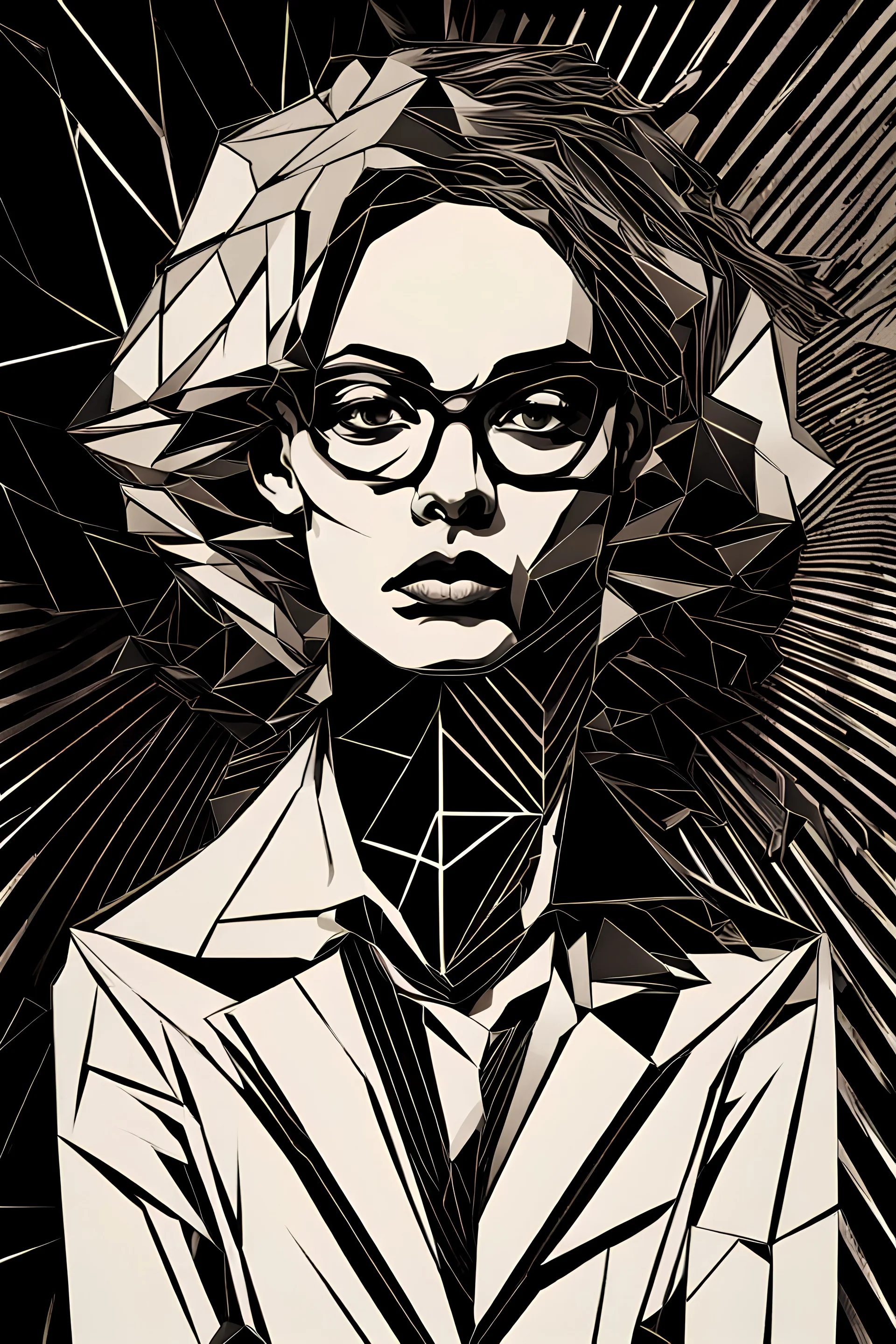 A portrait with hard edges and sharp contrasts in a geometric style.