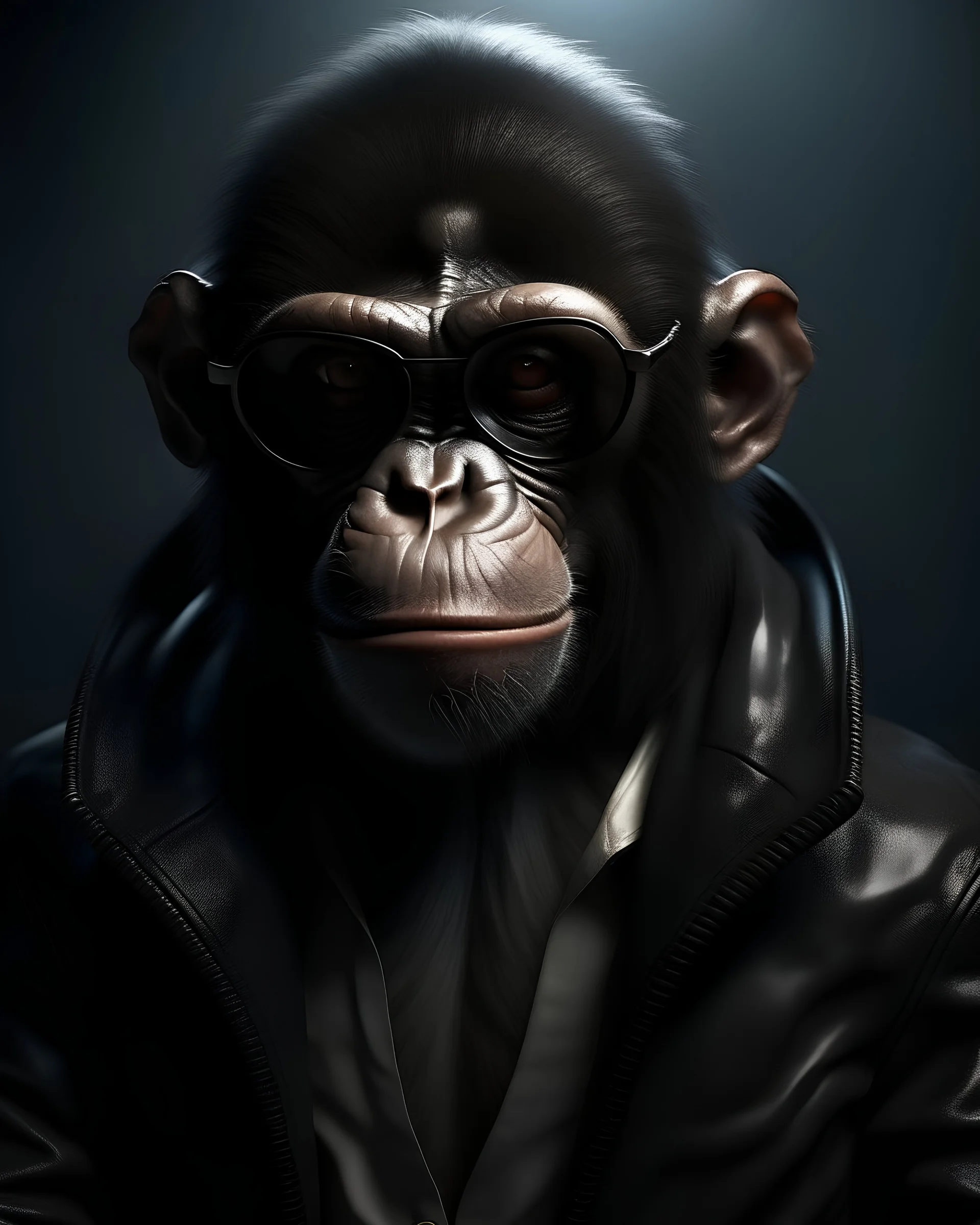 Créez une image réaliste et sombre d'un singe anthropomorphe avec des cheveux noirs coiffés en arrière. Il doit être vêtu d'une veste en cuir noire avec une capuche, portant des lunettes de soleil. Le singe doit avoir un air sérieux et mystérieux, avec des détails précis et réalistes sur son visage, ses cheveux et ses vêtements. Utilisez un éclairage dramatique qui accentue les ombres et les textures, et placez le singe devant un fond sombre pour renforcer l'ambiance énigmatique et intense