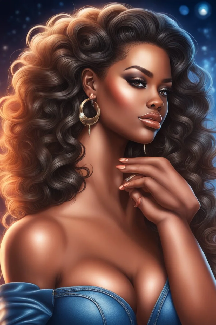 create an airbrush illustration of a curvy black female wearing Tight blue jeans and a peach off the shoulder blouse. Prominent make up with long lashes and hazel eyes. She is wearing brown feather earrings. Highly detailed long black shiny wavy hair that's flowing to the side. Background of a night club.