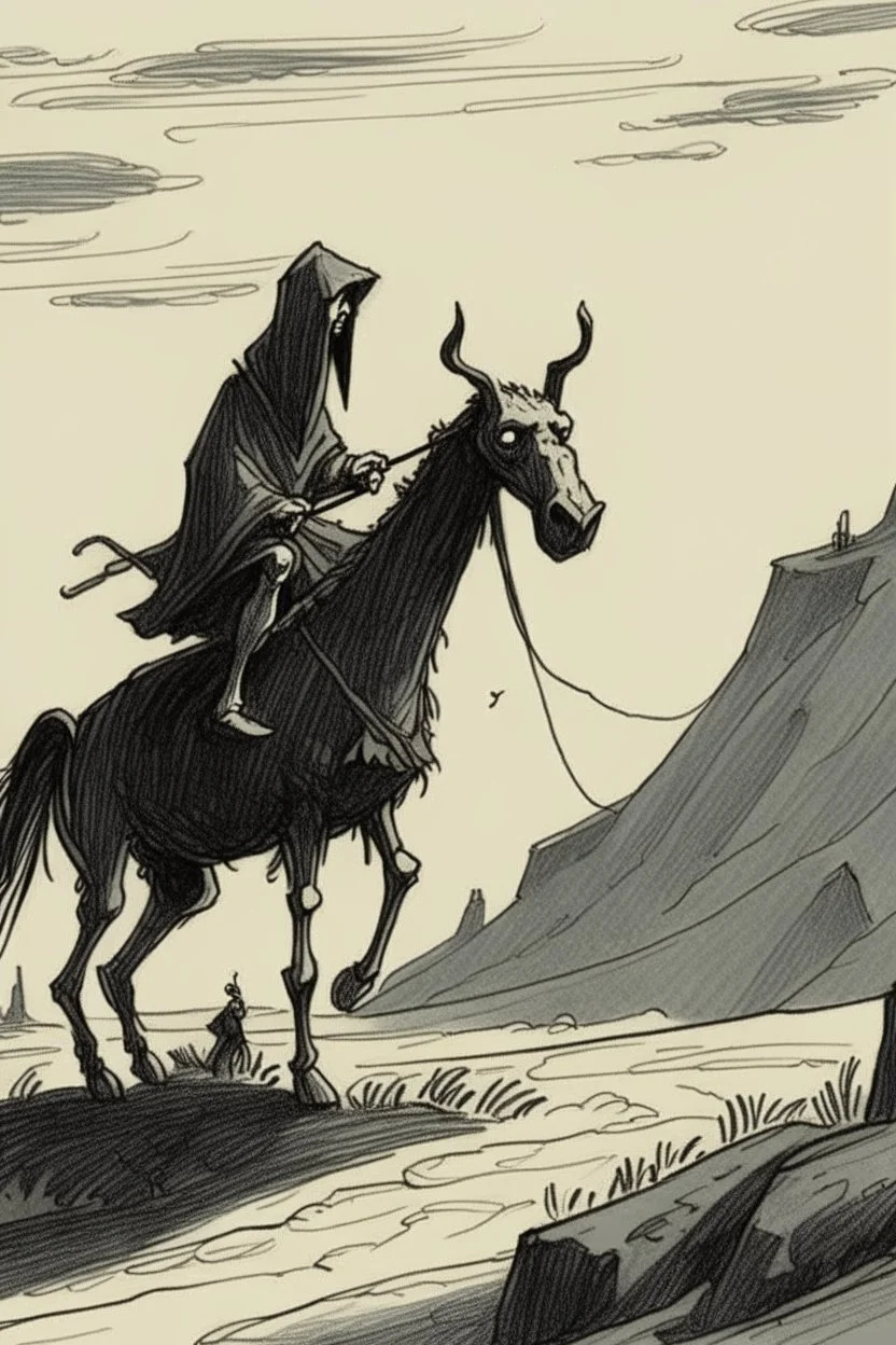 A black hooded specter sits on an emaciated donkey while dangling a carrot on a stick in front of it's face so it doesn't notice it's about to walk off a cliff