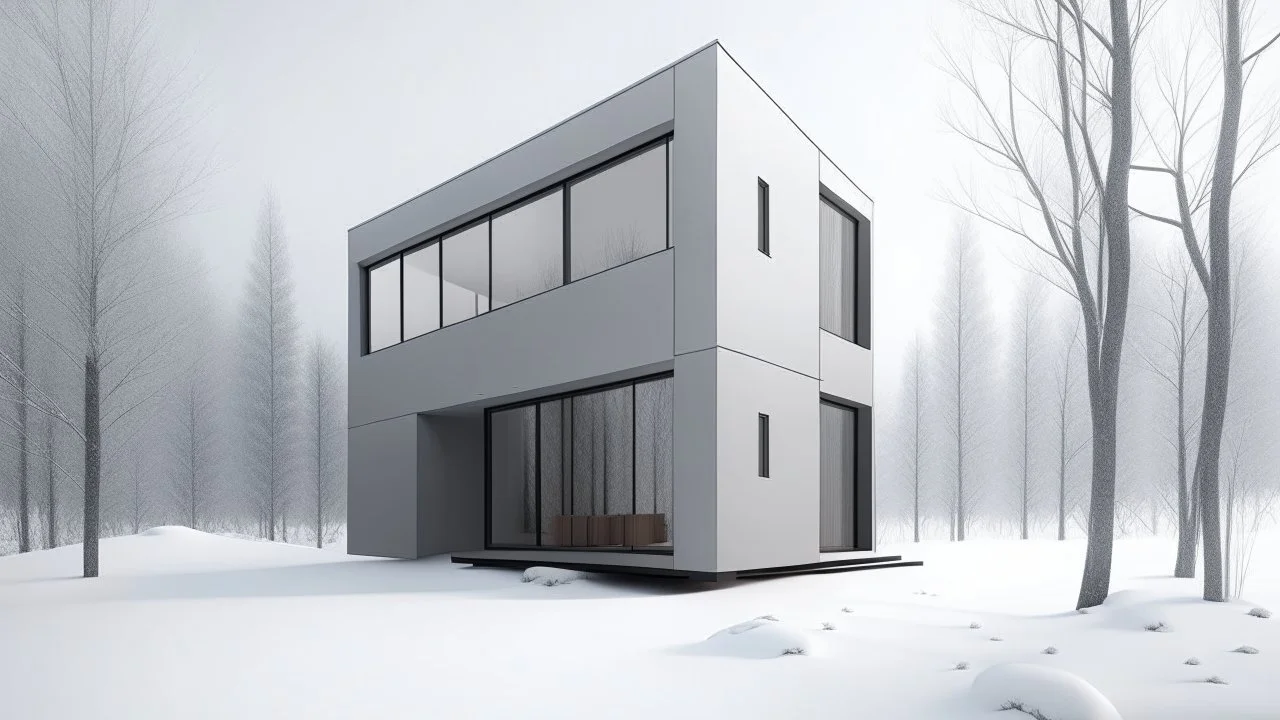 Modern and minimalist house in a winter environment is light gray, with vertical siding that gives it a subtle texture. There are small rectangular windows and a visible door, all emitting warm light from the inside. The house is situated in a snowy landscape, with several bare trees scattered around, suggesting that it is winter or a cold region.