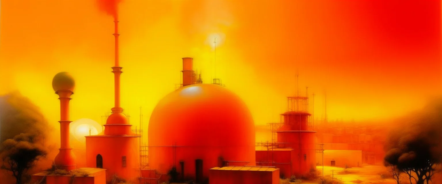 An orange colored plasma plant facility painted by Ivan Aivazovsky
