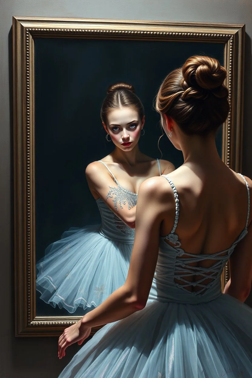 a beautiful ballerina, in a studio, Infront of a mirror with eyes looking Down, her reflection is staring straight at her, scary feeling, dark undertone, 12k, detailed and realistic painting