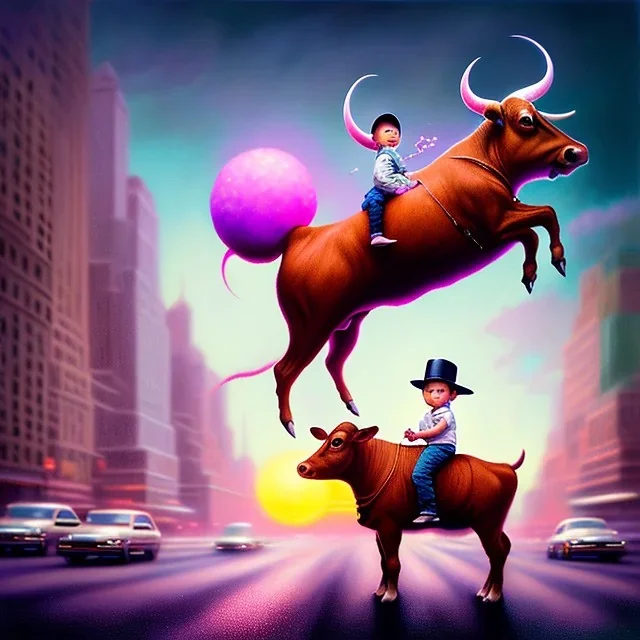 A one-year-old boy rides on the cow in the middle of a busy street in new york. photographic, bright colors and sunset, fantasy art, Anna Dittmann, digital painting, dan mumford, oil on canvas, jeff koons, akihito yoshida, wlop, kodachrome.