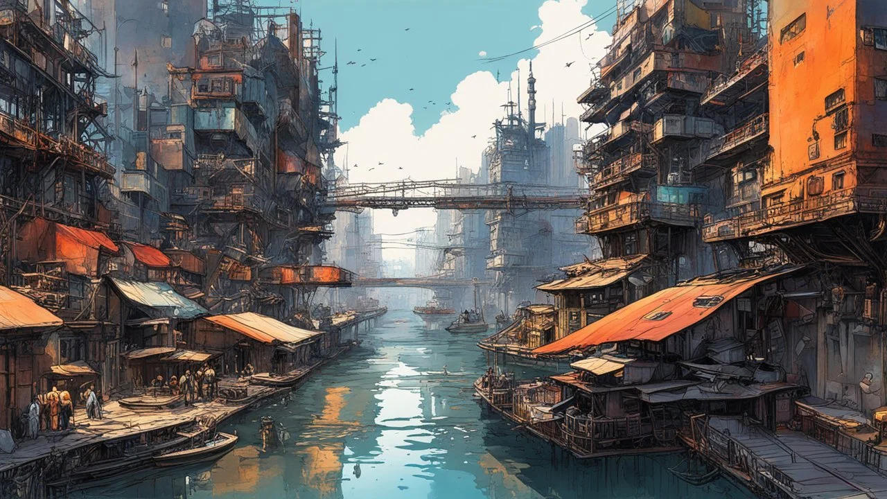 Water-level view of buildings made of reused dirty rusty metal next to futuristic canal junction, cyberpunk, many painted colours, flying boats, balconies, bridges, people, shopping, eating, walking, fifth element, ghost in the shell, altered carbon, Ian McQue, lineart and watercolour